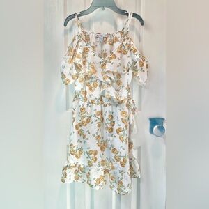 Cute White Floral Wrap Dress with Yellow Rose Print